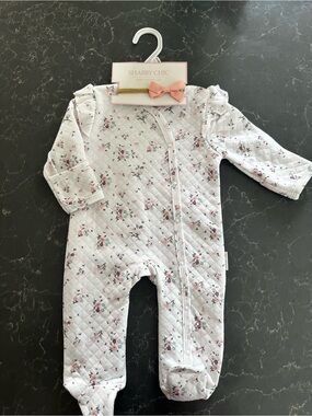 Shabby Chic White Quilted Floral Baby Footed One-Piece
